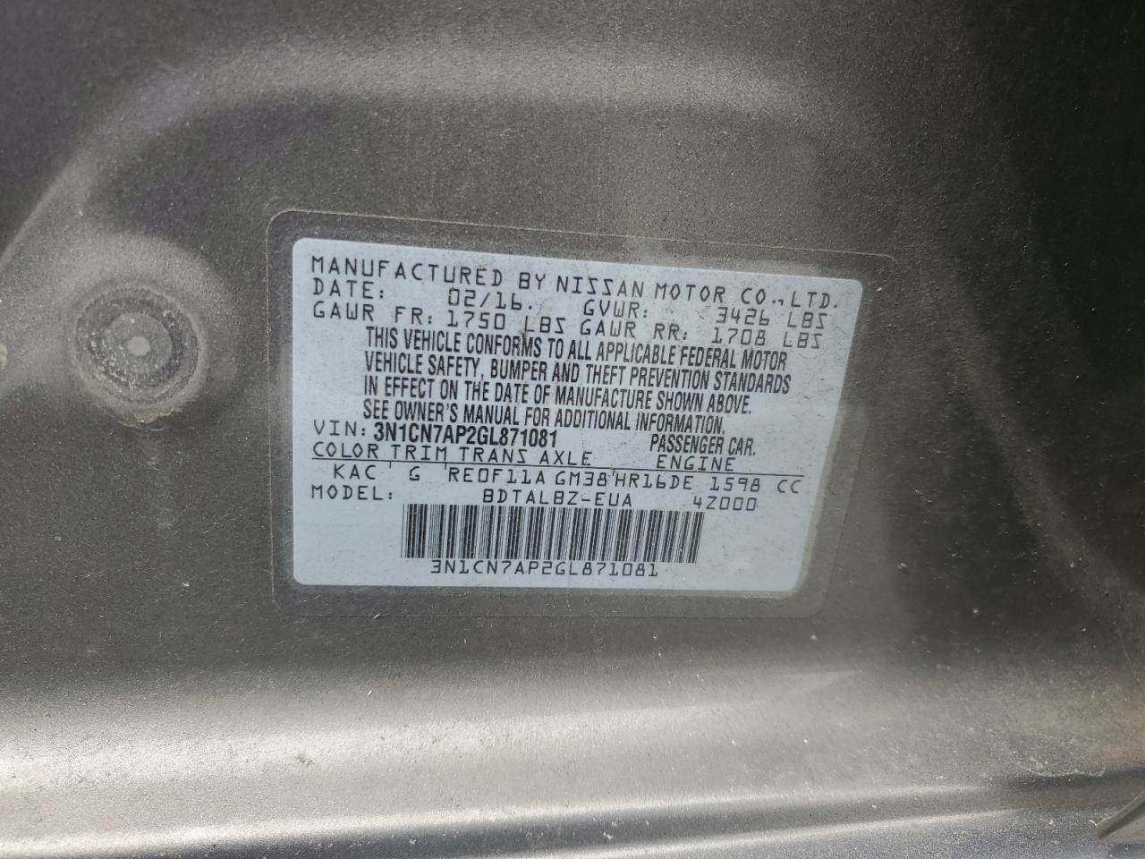 2016 Nissan Versa VIN 3N1CN7AP2GL871081 Copart auction photo, front end damage thumbnail 15