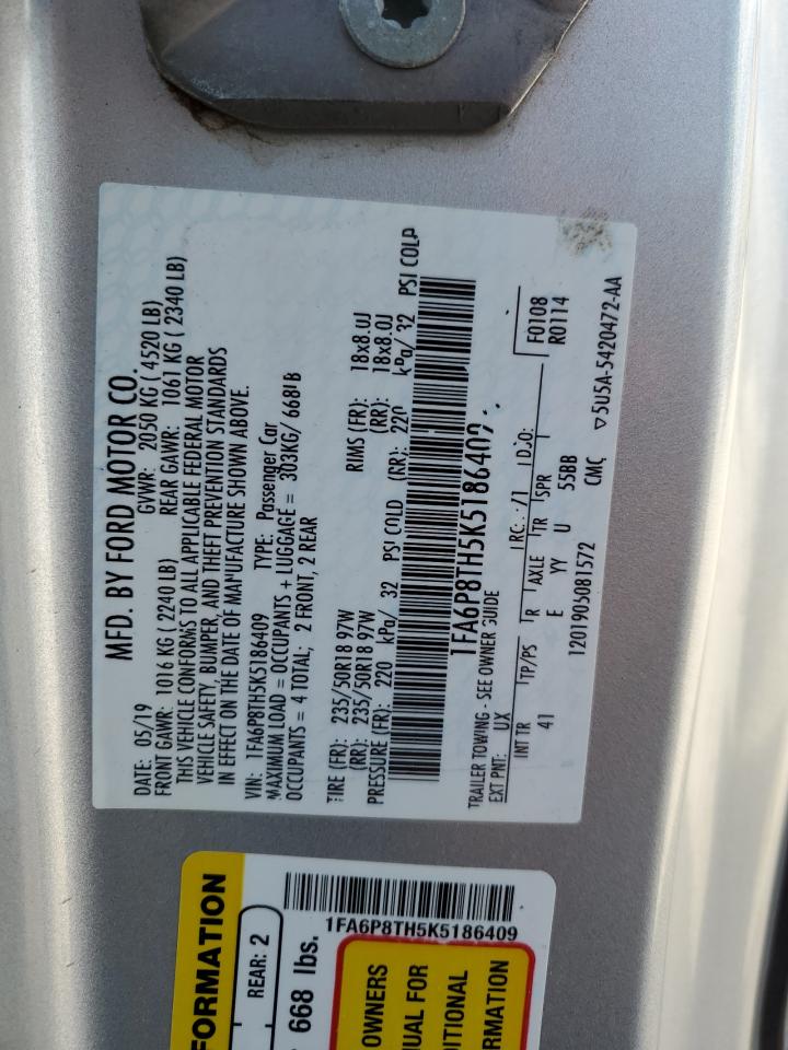 2019 Ford Mustang VIN 1FA6P8TH5K5186409 Copart auction photo, hail / minor dent/scratches damage thumbnail 12