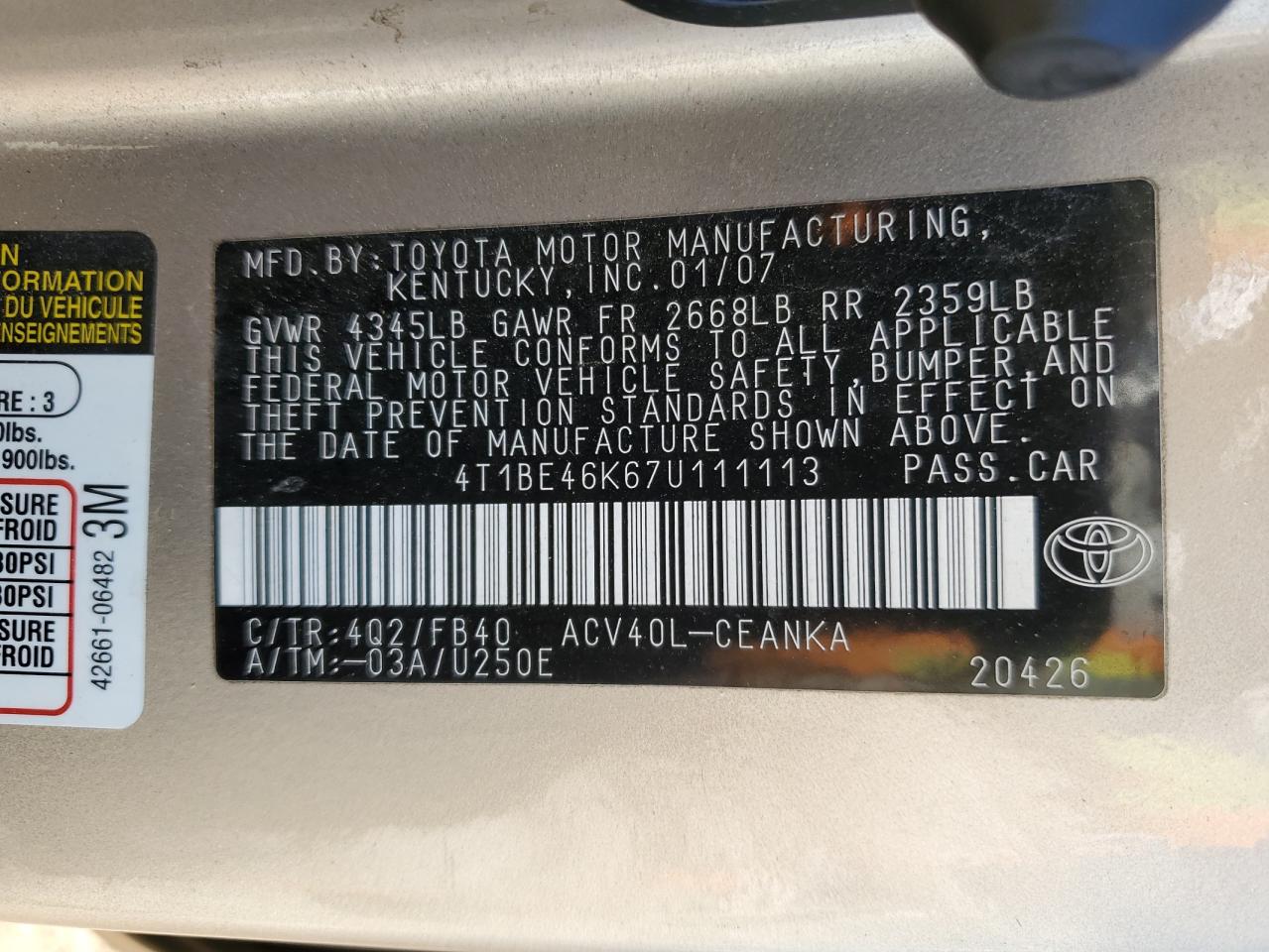 2007 Toyota Camry VIN 4T1BE46K67U111113 Copart auction photo, front end / side damage thumbnail 12