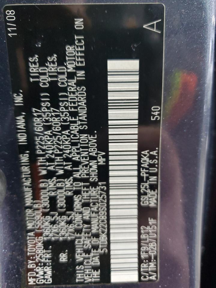 2009 Toyota Sienna VIN 5TDBK22C89S025731 Copart auction photo, burn - engine damage thumbnail 13