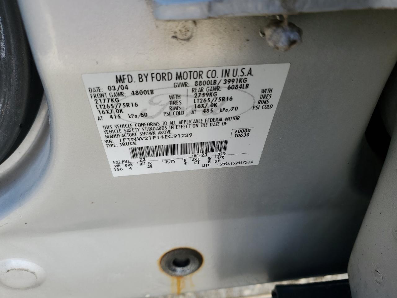 2004 Ford F250 VIN 1FTNW21P14EC91239 Copart auction photo, burn / minor dent/scratches damage thumbnail 14