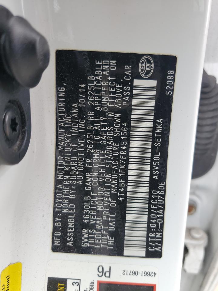 2015 Toyota Camry VIN 4T4BF1FK7FR451564 Copart auction photo, front end / side damage thumbnail 12