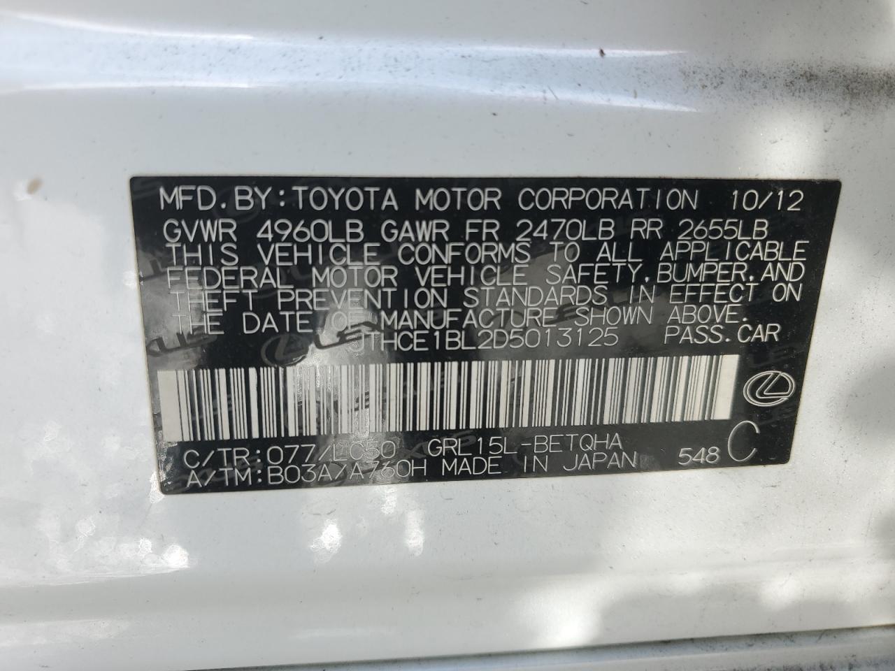2013 Lexus GS VIN JTHCE1BL2D5013125 Copart auction photo, front end damage thumbnail 14