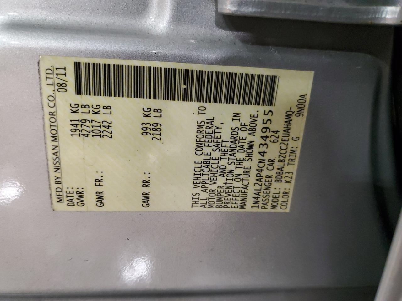 2012 Nissan Altima VIN 1N4AL2AP4CN434955 Copart auction photo, frame damage / front end damage thumbnail 12