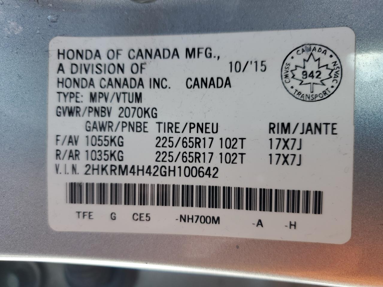 2016 Honda CR-V VIN 2HKRM4H42GH100642 Copart auction photo, side / undercarriage damage thumbnail 14