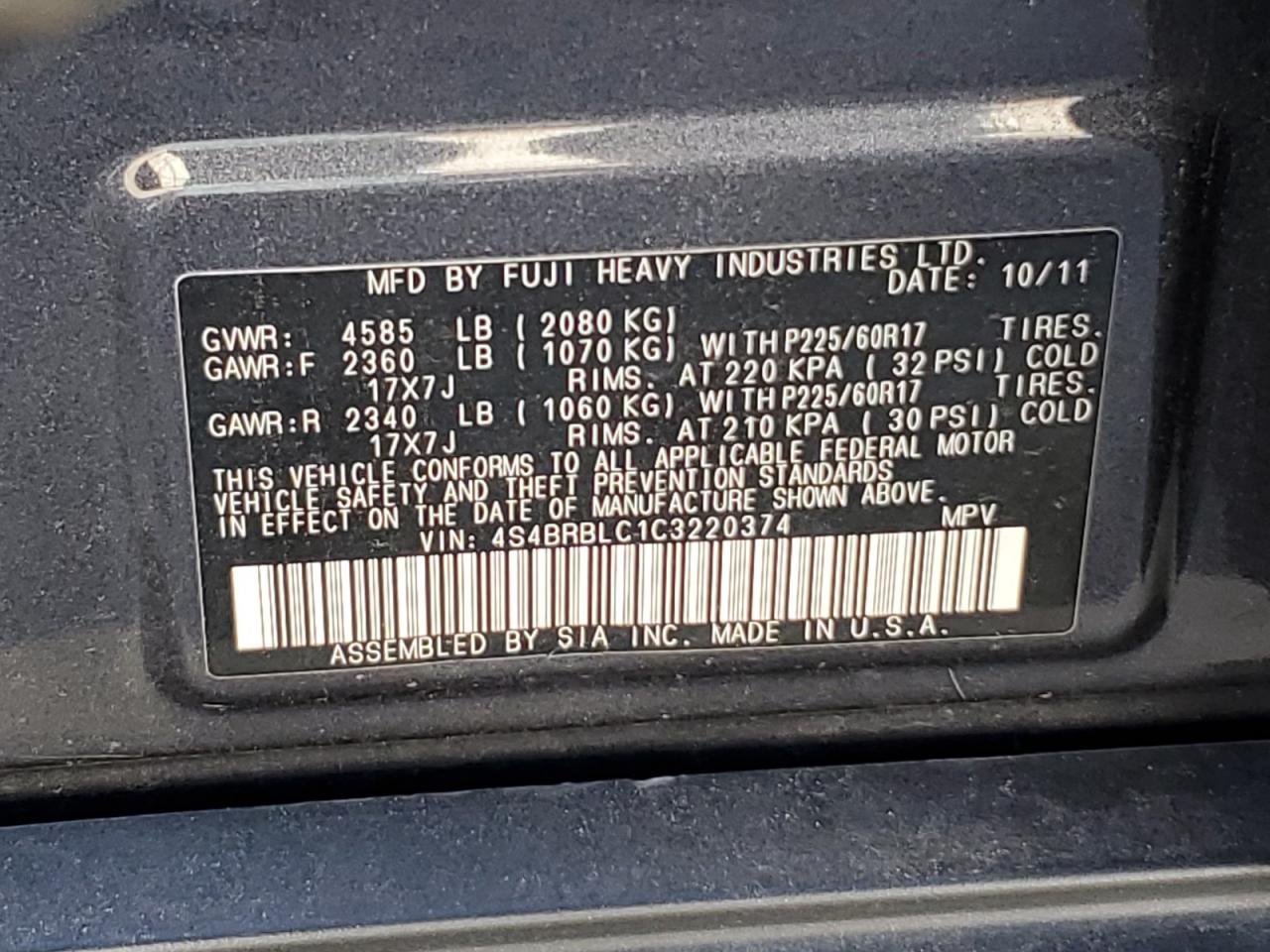 2012 Subaru Outback VIN 4S4BRBLC1C3220374 Copart auction photo, minor dent/scratches damage thumbnail 13