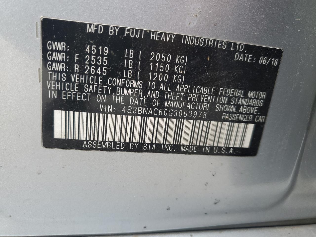 2016 Subaru Legacy VIN 4S3BNAC60G3063978 Copart auction photo, front end damage thumbnail 13