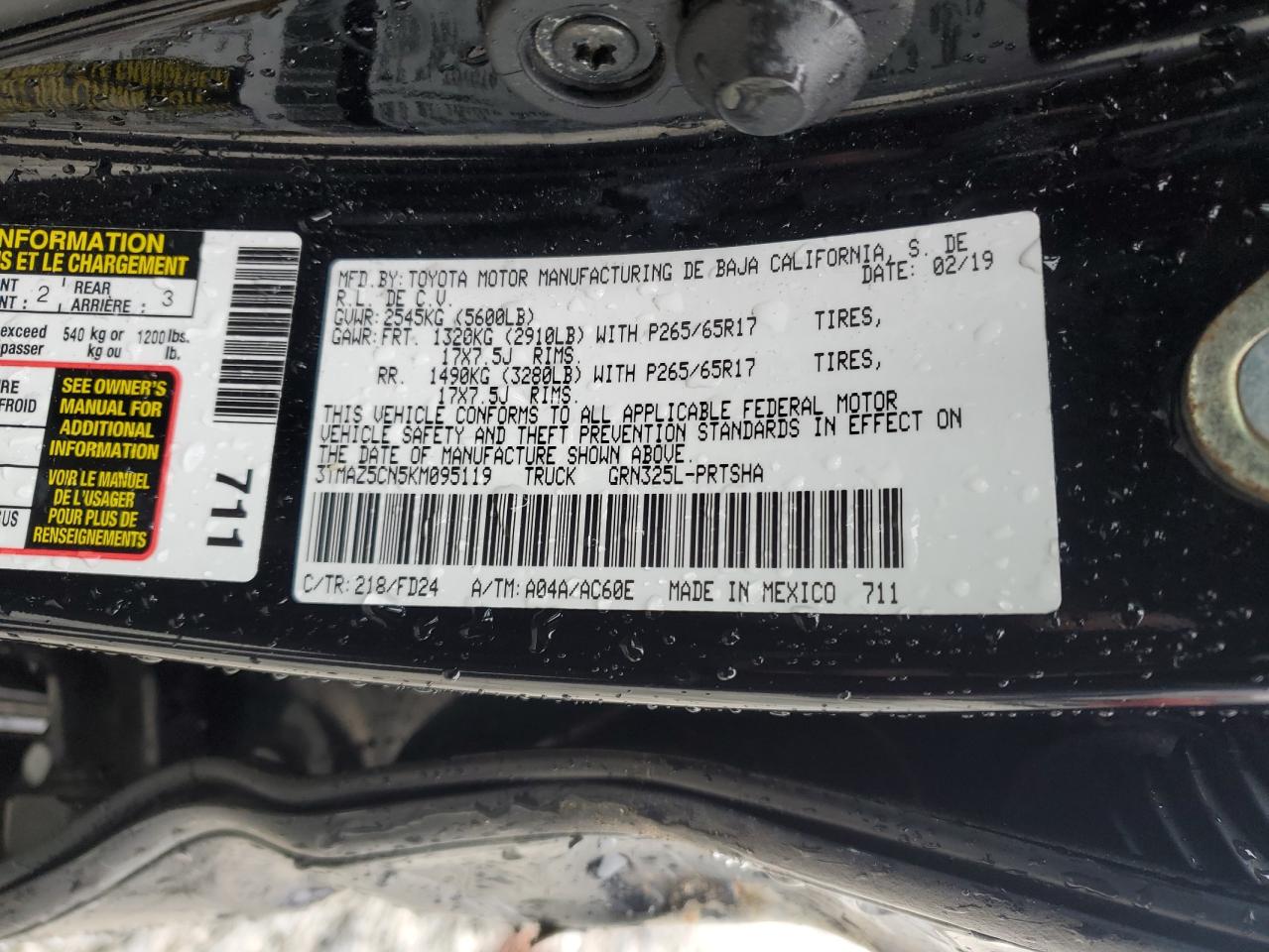 2019 Toyota Tacoma VIN 3TMAZ5CN5KM095119 Copart auction photo, all over damage thumbnail 12