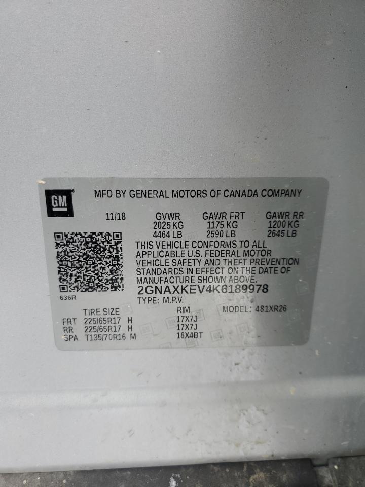 2019 Chevrolet Equinox VIN 2GNAXKEV4K6189978 Copart auction photo, biohazard/chemical / rear end damage thumbnail 13
