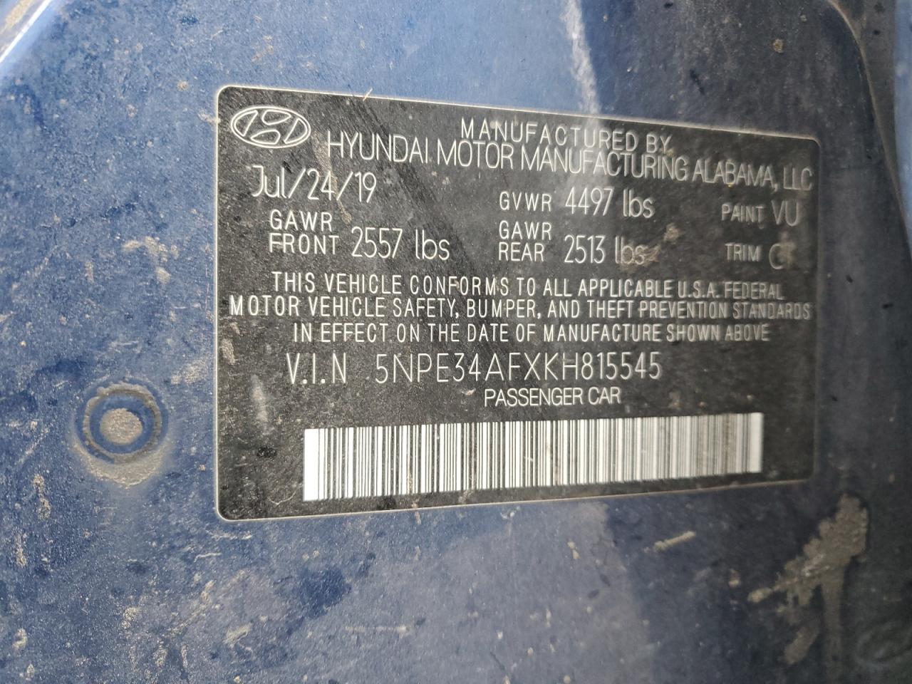 2019 Hyundai Sonata VIN 5NPE34AFXKH815545 Copart auction photo, vandalism / all over damage thumbnail 12
