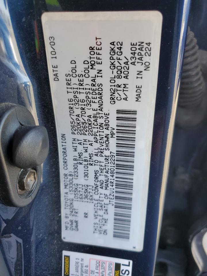 2004 Toyota 4Runner VIN JTEZU14R148012297 Copart auction photo, front end / minor dent/scratches damage thumbnail 14