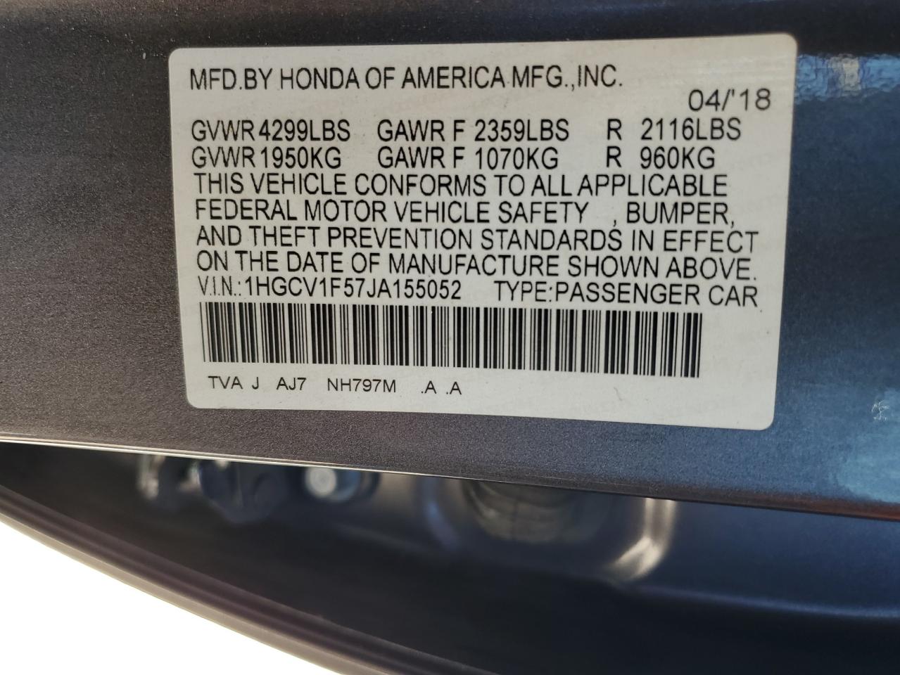 2018 Honda Accord VIN 1HGCV1F57JA155052 Copart auction photo, front end / minor dent/scratches damage thumbnail 15