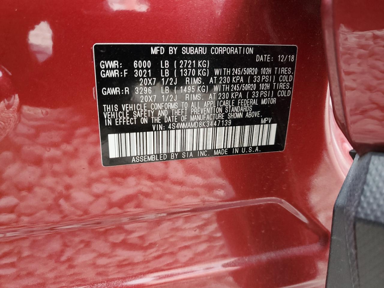 2019 Subaru Ascent VIN 4S4WMAMD8K3447139 Copart auction photo, front end / rear end damage thumbnail 13
