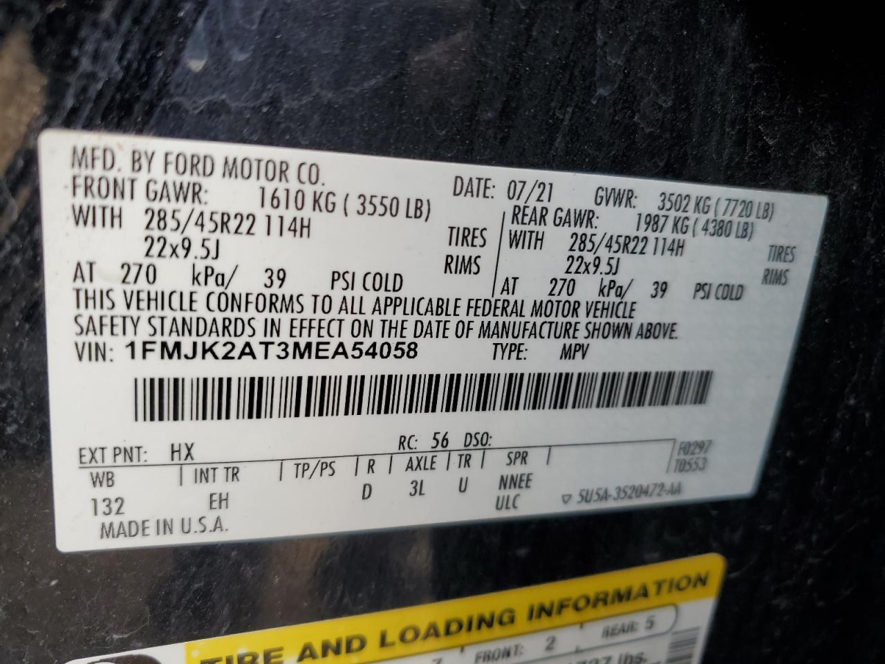 2021 Ford Expedition VIN 1FMJK2AT3MEA54058 Copart auction photo, front end damage thumbnail 13