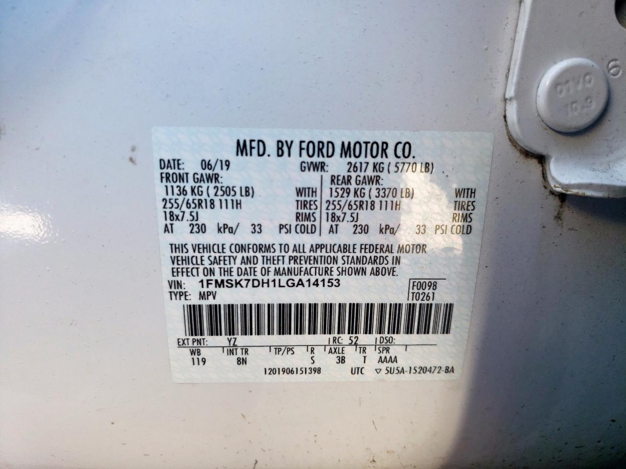 2020 Ford Explorer VIN 1FMSK7DH1LGA14153 Copart auction photo, front end damage thumbnail 15