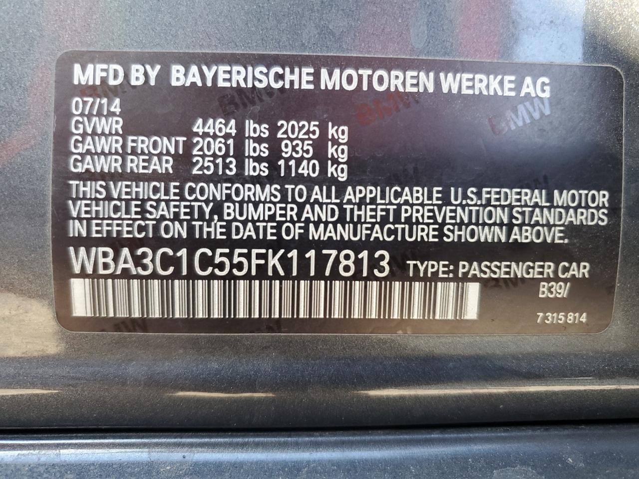 2015 BMW 3er VIN WBA3C1C55FK117813 Copart auction photo, rollover damage thumbnail 12