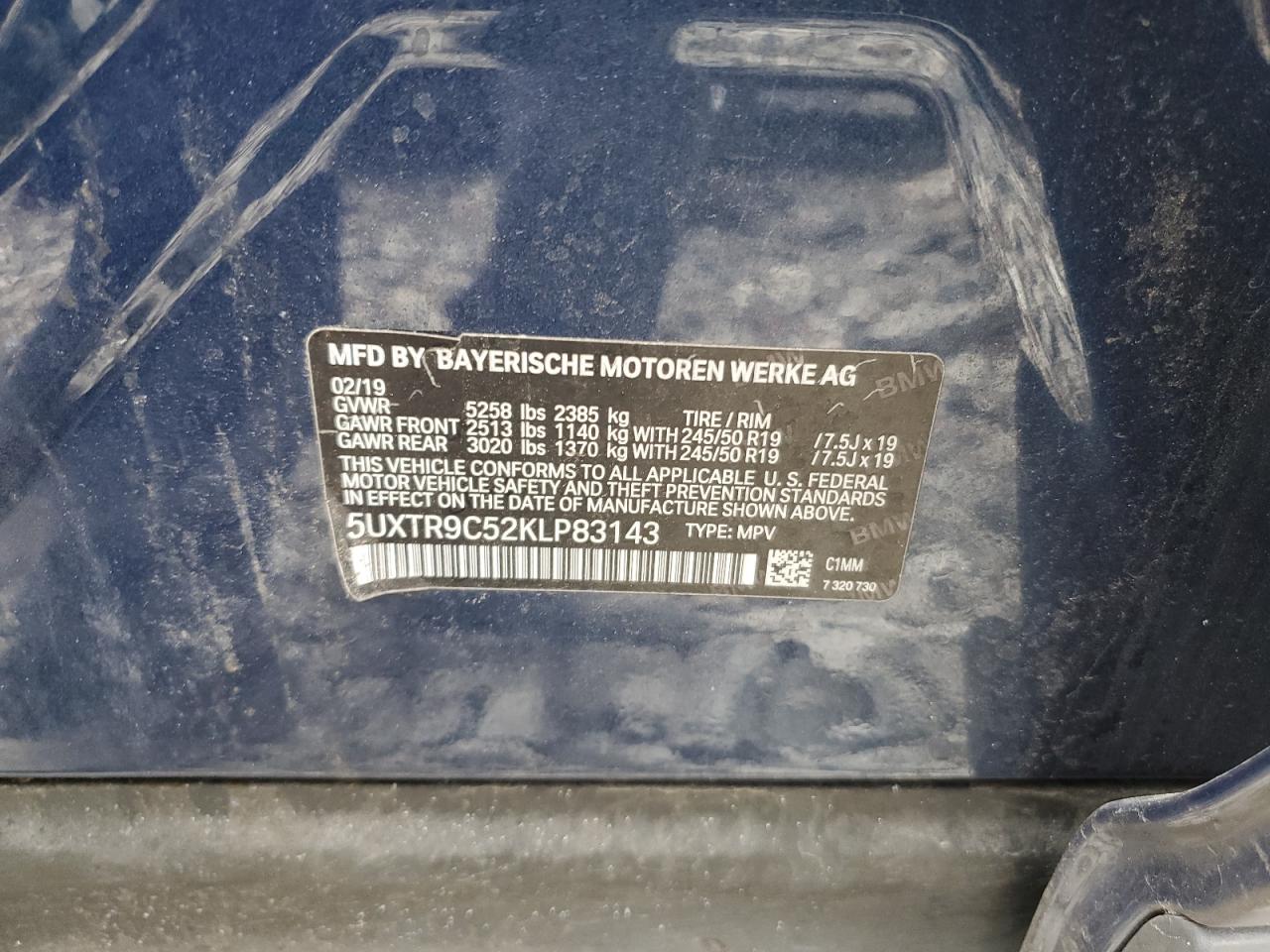 2019 BMW X3 VIN 5UXTR9C52KLP83143 Copart auction photo, front end damage thumbnail 14