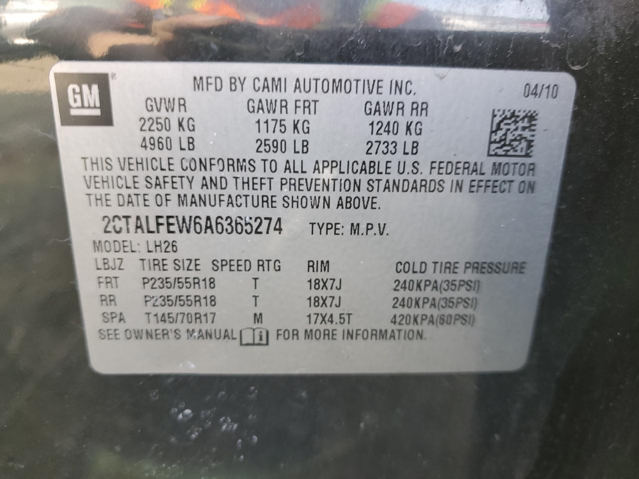 2010 GMC Terrain VIN 2CTALFEW6A6365274 Copart auction photo, side / minor dent/scratches damage thumbnail 13