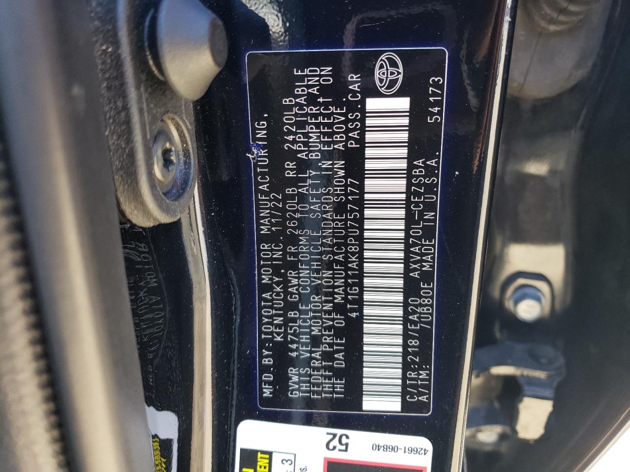 2023 Toyota Camry VIN 4T1G11AK8PU757177 Copart auction photo, rear end damage thumbnail 13