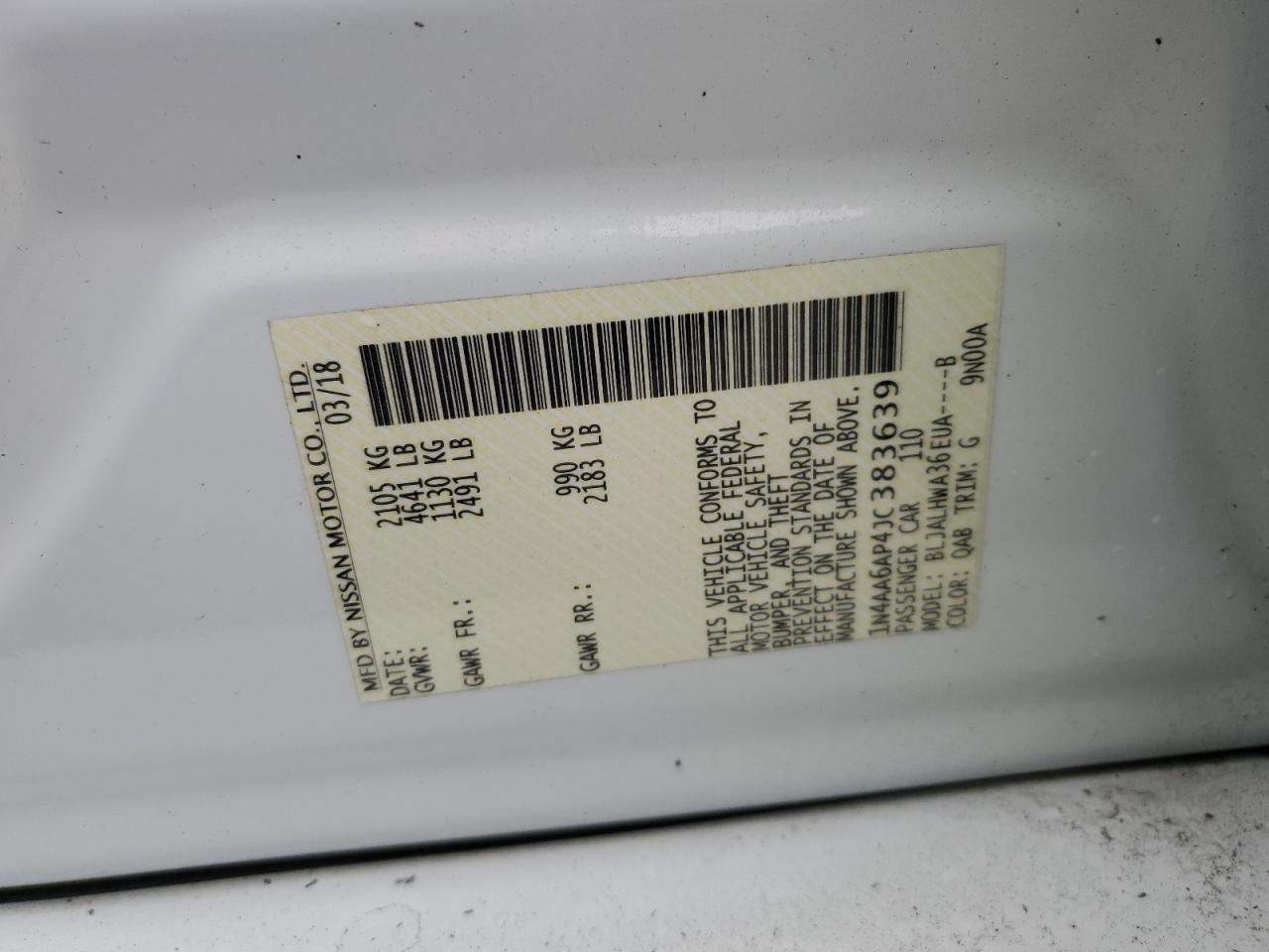 2018 Nissan Maxima VIN 1N4AA6AP4JC383639 Copart auction photo, rear end damage thumbnail 13
