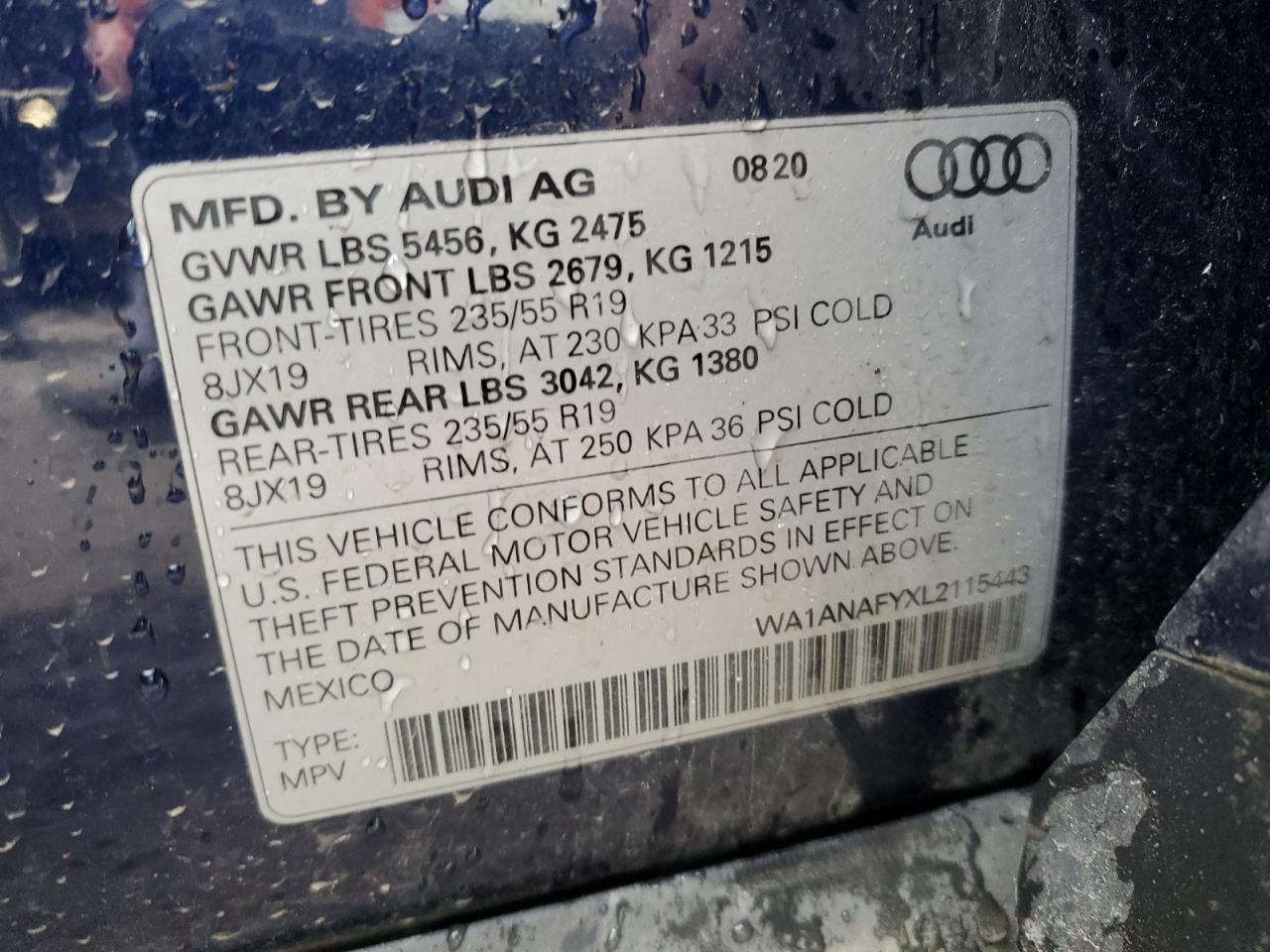 2020 Audi Q5 VIN WA1ANAFYXL2115443 Copart auction photo, front end / minor dent/scratches damage thumbnail 13