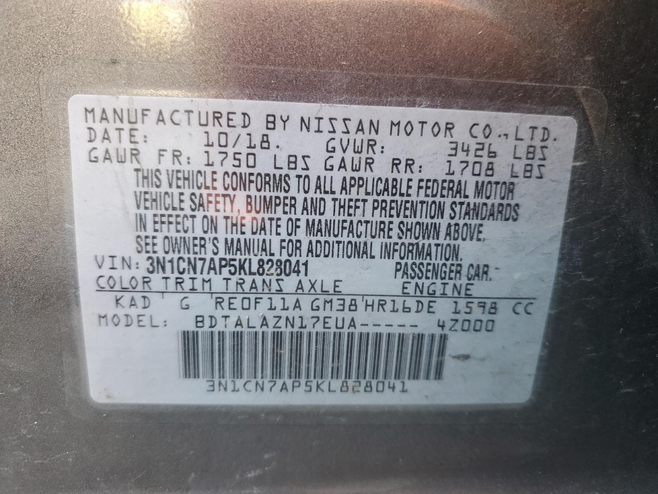 2019 Nissan Versa VIN 3N1CN7AP5KL828041 Copart auction photo, front end / side damage thumbnail 12