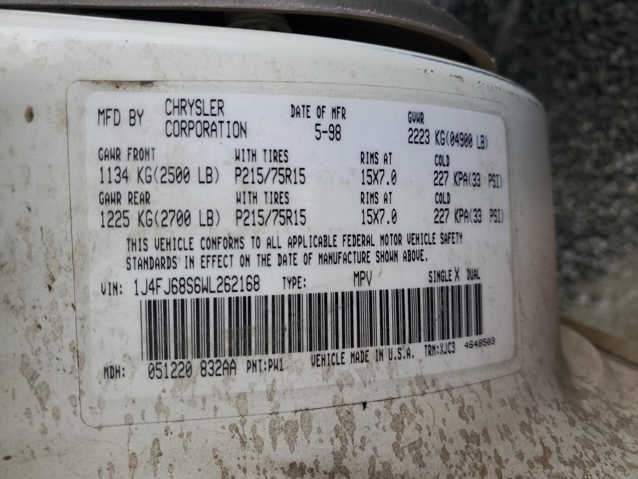 1998 Jeep Grand Cherokee VIN 1J4FJ68S6WL262168 Copart auction photo, rear end damage thumbnail 13
