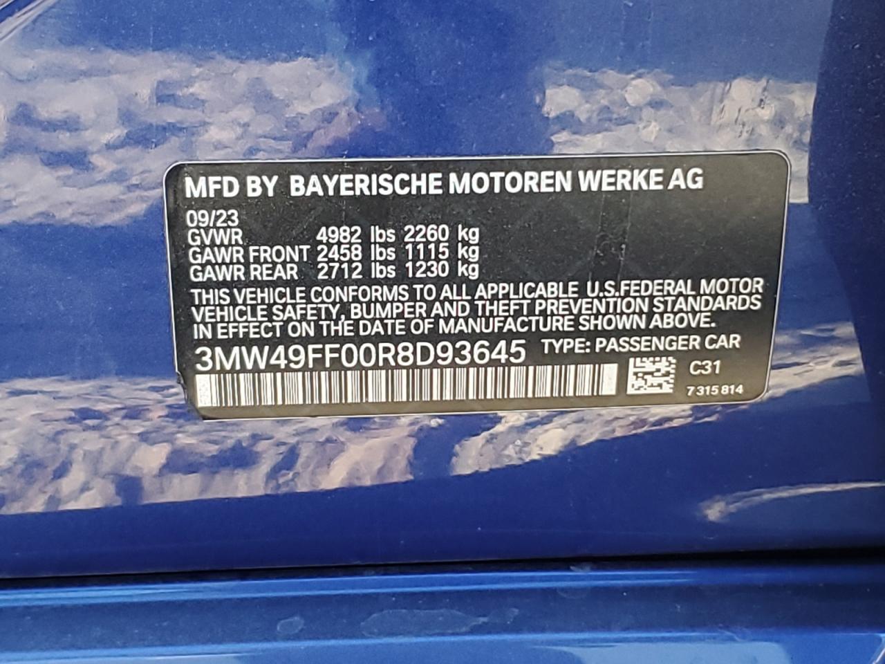 2024 BMW M3 VIN 3MW49FF00R8D93645 Copart auction photo, all over / undercarriage damage thumbnail 12