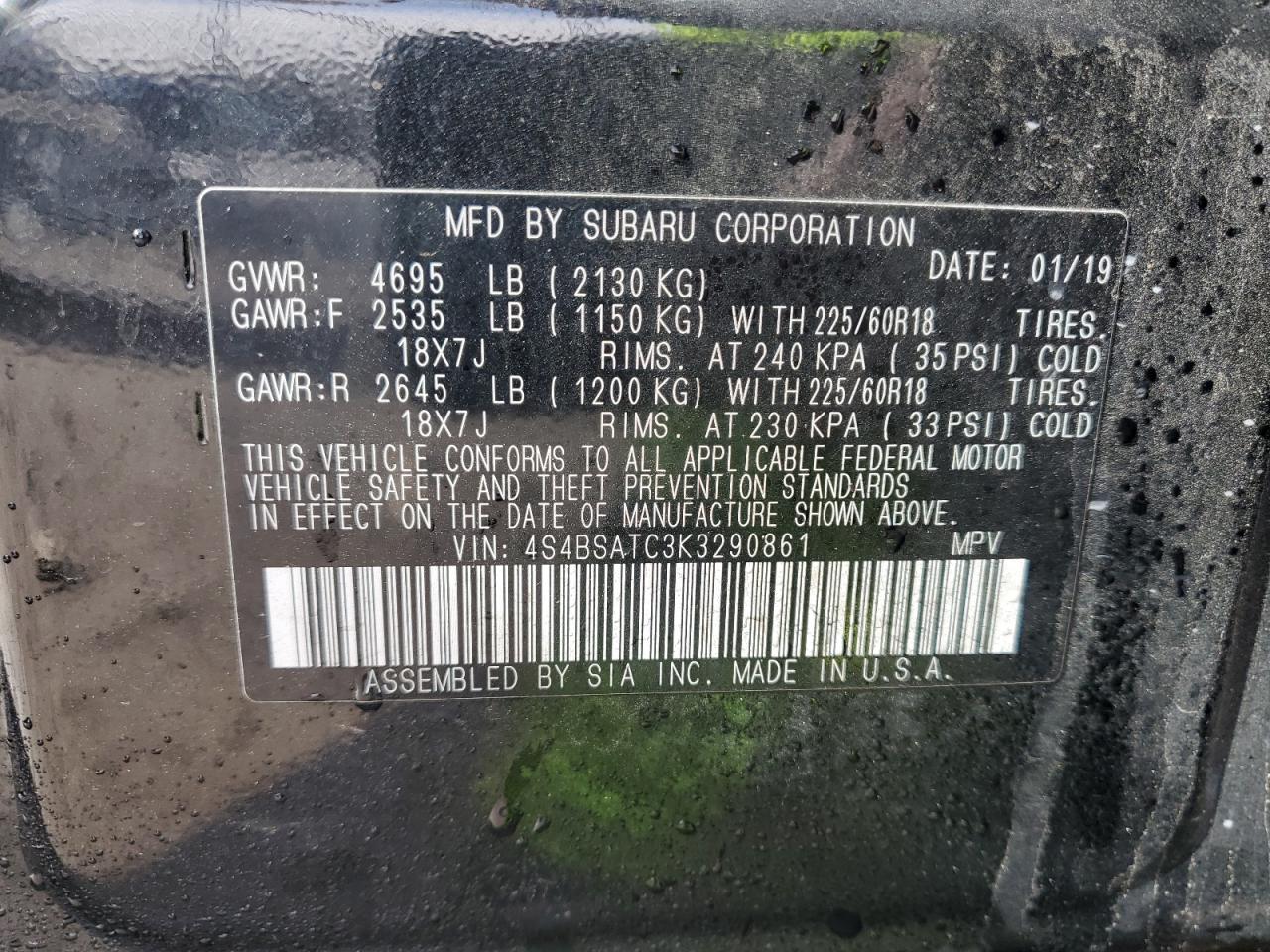 2019 Subaru Outback VIN 4S4BSATC3K3290861 Copart auction photo, front end / undercarriage damage thumbnail 13