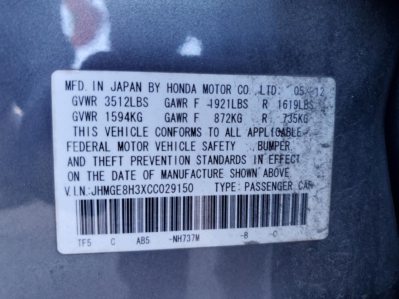 2012 Honda Fit VIN JHMGE8H3XCC029150 Copart auction photo, side / rear end damage thumbnail 12