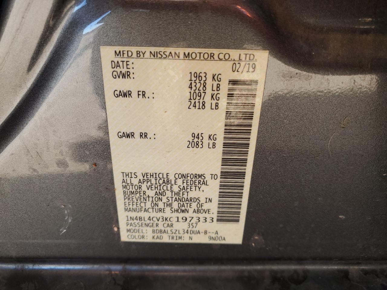 2019 Nissan Altima VIN 1N4BL4CV3KC197333 Copart auction photo, front end / minor dent/scratches damage thumbnail 14