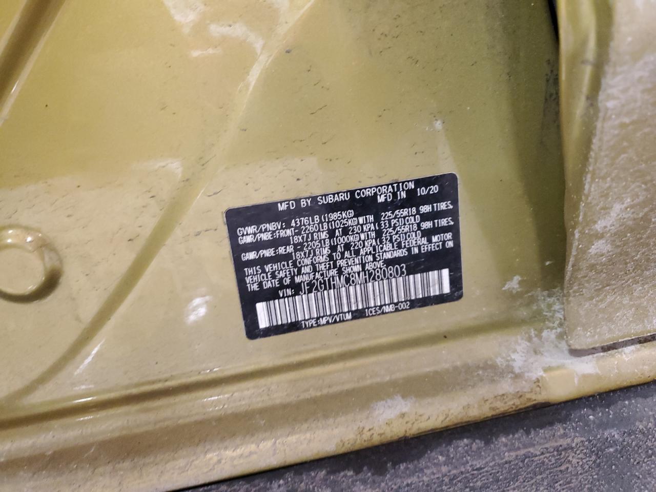 2021 Subaru XV VIN JF2GTHMC8MH280803 Copart auction photo, front end damage thumbnail 13