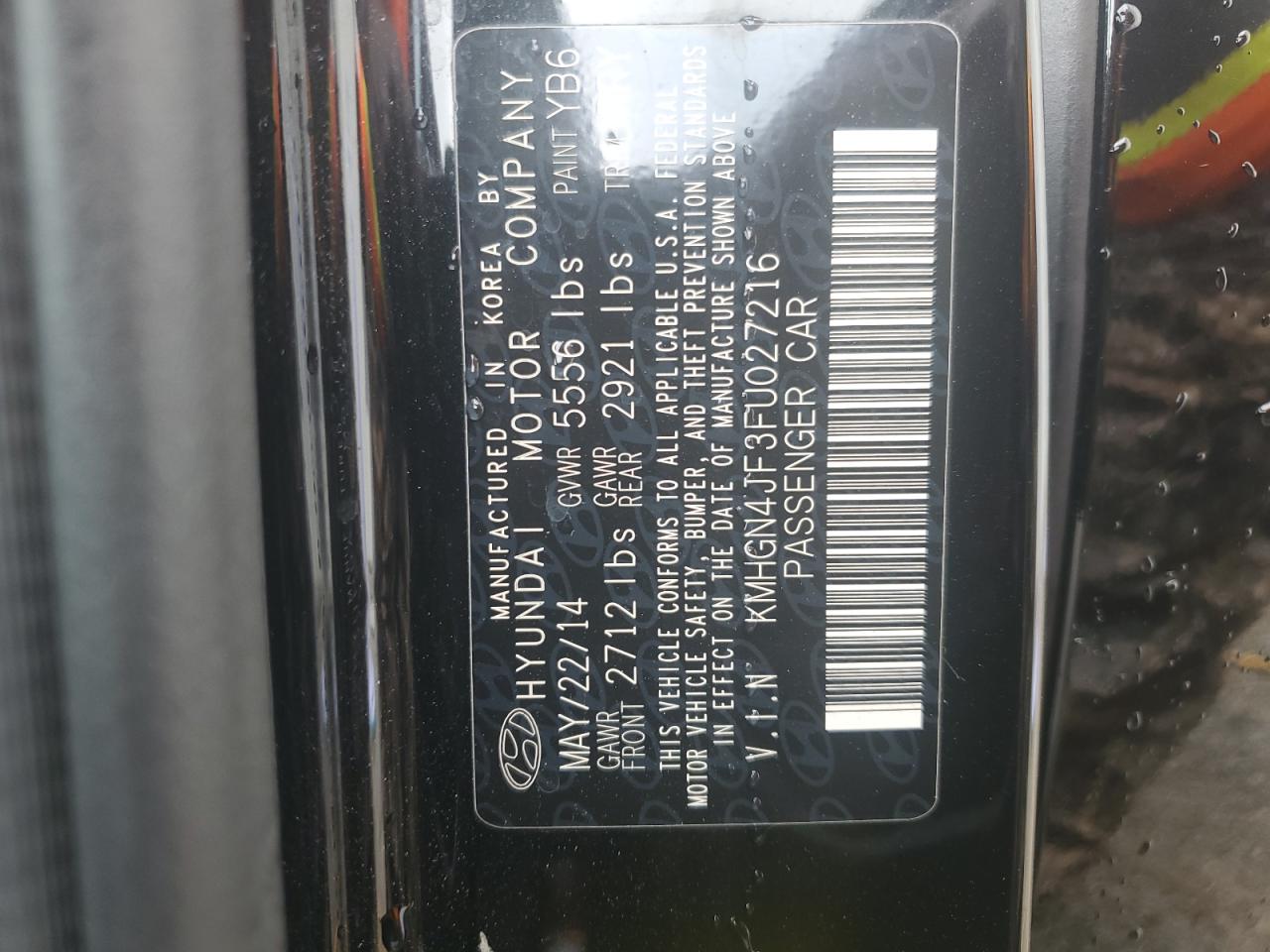 2015 Hyundai Genesis VIN KMHGN4JF3FU027216 Copart auction photo, front end damage thumbnail 13