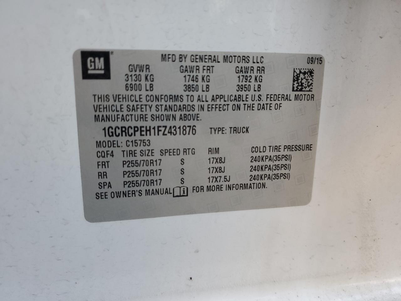 2015 Chevrolet Silverado VIN 1GCRCPEH1FZ431876 Copart auction photo, front end / minor dent/scratches damage thumbnail 13