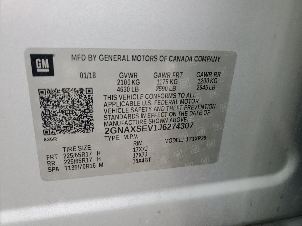 2018 Chevrolet Equinox VIN 2GNAXSEV1J6274307 Copart auction photo, front end damage thumbnail 13