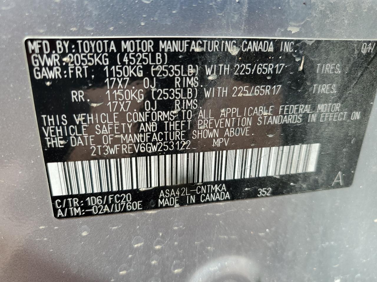 2016 Toyota RAV 4 VIN 2T3WFREV6GW253122 Copart auction photo, all over damage thumbnail 13