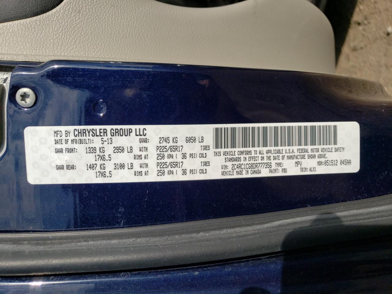 2013 Chrysler Town & Country VIN 2C4RC1CG8DR777356 Copart auction photo, all over damage thumbnail 13