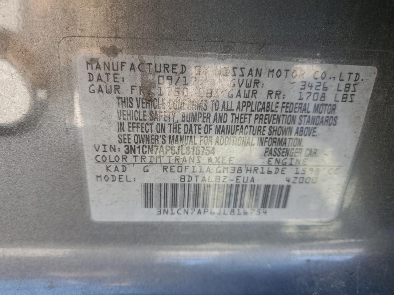 2018 Nissan Versa VIN 3N1CN7AP6JL816754 Copart auction photo, rear end / side damage thumbnail 12