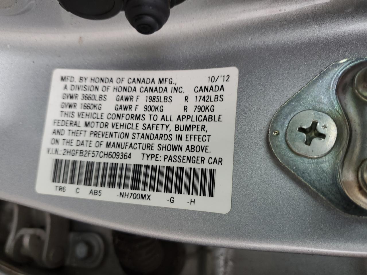 2012 Honda Civic VIN 2HGFB2F57CH609364 Copart auction photo, rear end / front end damage thumbnail 13