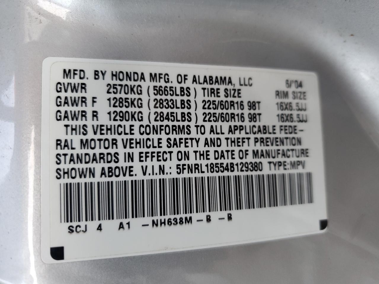 2004 Honda Odyssey VIN 5FNRL18554B129380 Copart auction photo, unknown damage thumbnail 13