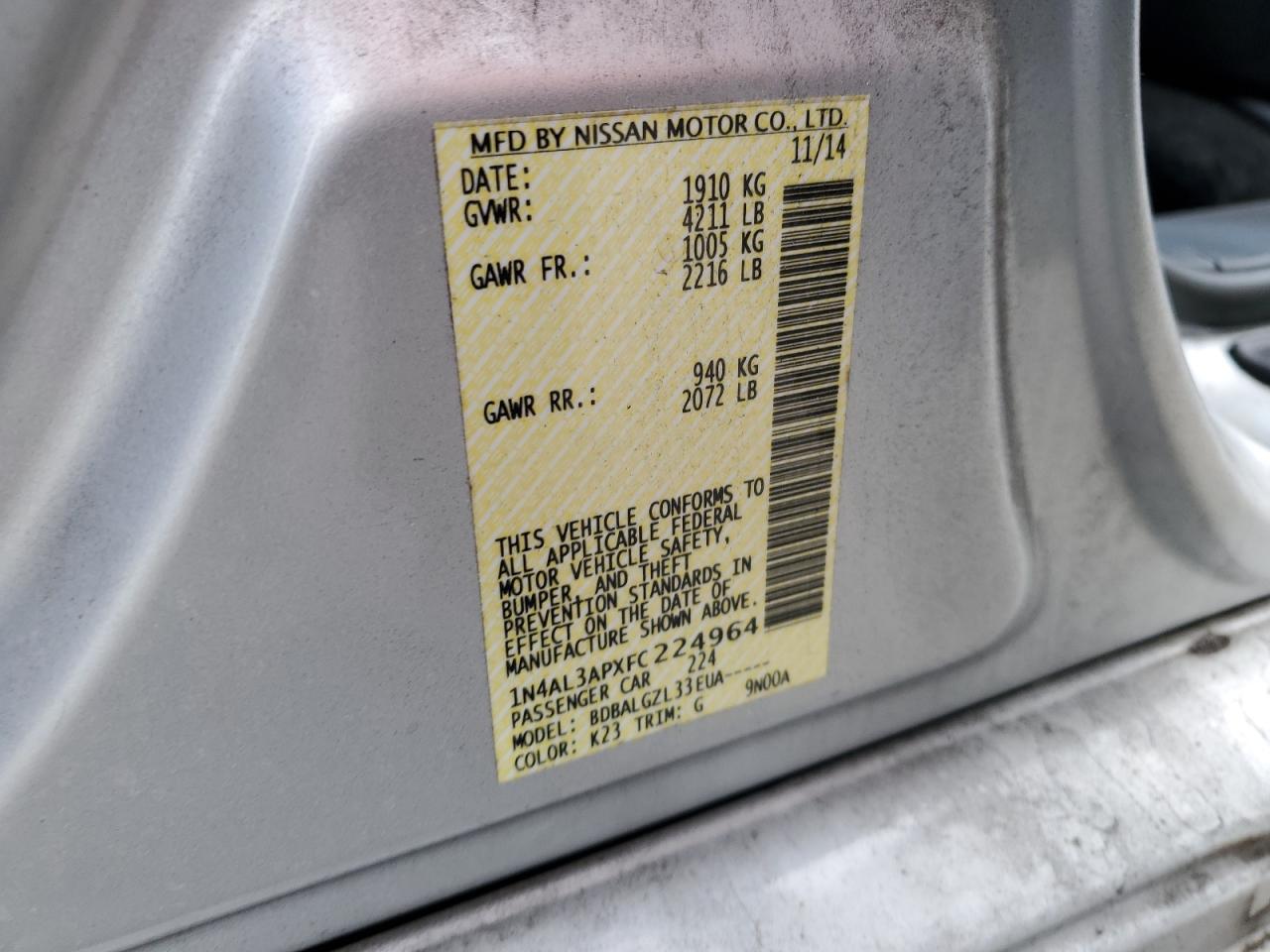 2015 Nissan Altima VIN 1N4AL3APXFC224964 Copart auction photo, front end damage thumbnail 12