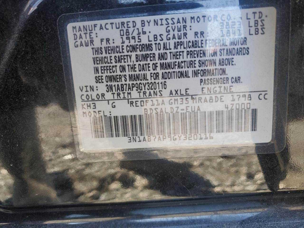 2016 Nissan Sentra VIN 3N1AB7AP9GY320116 Copart auction photo, frame damage / front end damage thumbnail 12