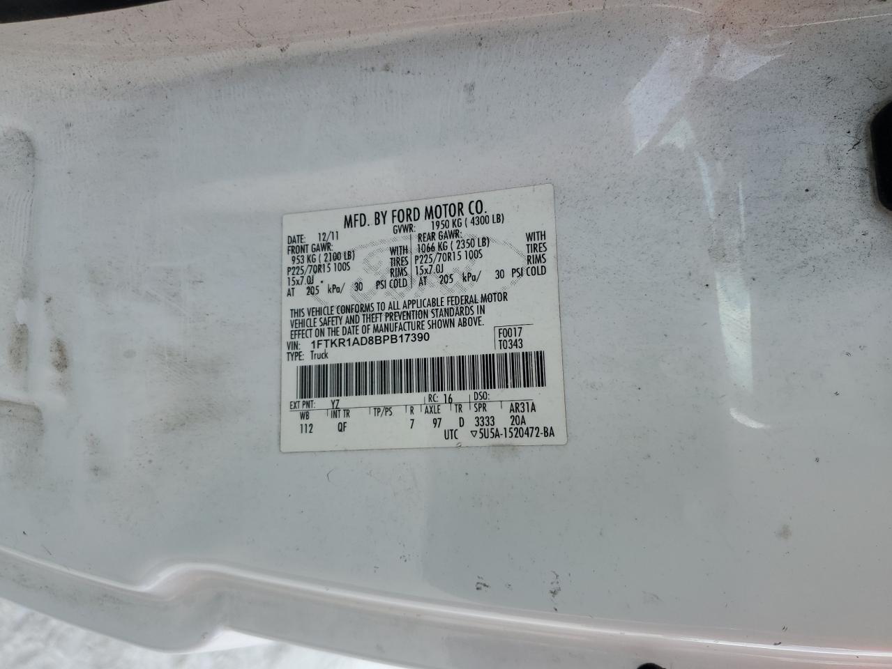 2011 Ford Ranger VIN 1FTKR1AD8BPB17390 Copart auction photo, rear end / front end damage thumbnail 12