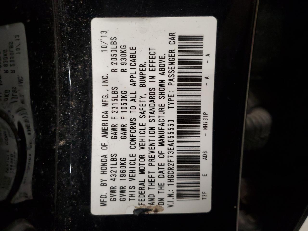 2014 Honda Accord VIN 1HGCR2F73EA055550 Copart auction photo, front end damage thumbnail 12