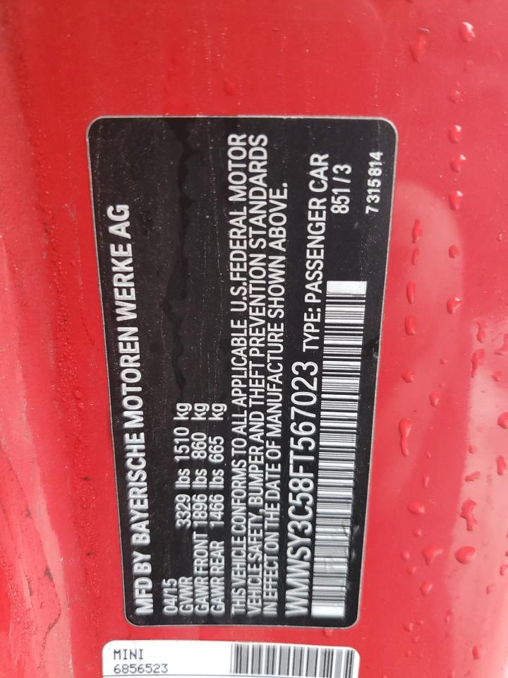 2015 MINI Cooper VIN WMWSY3C58FT567023 Copart auction photo, front end damage thumbnail 13
