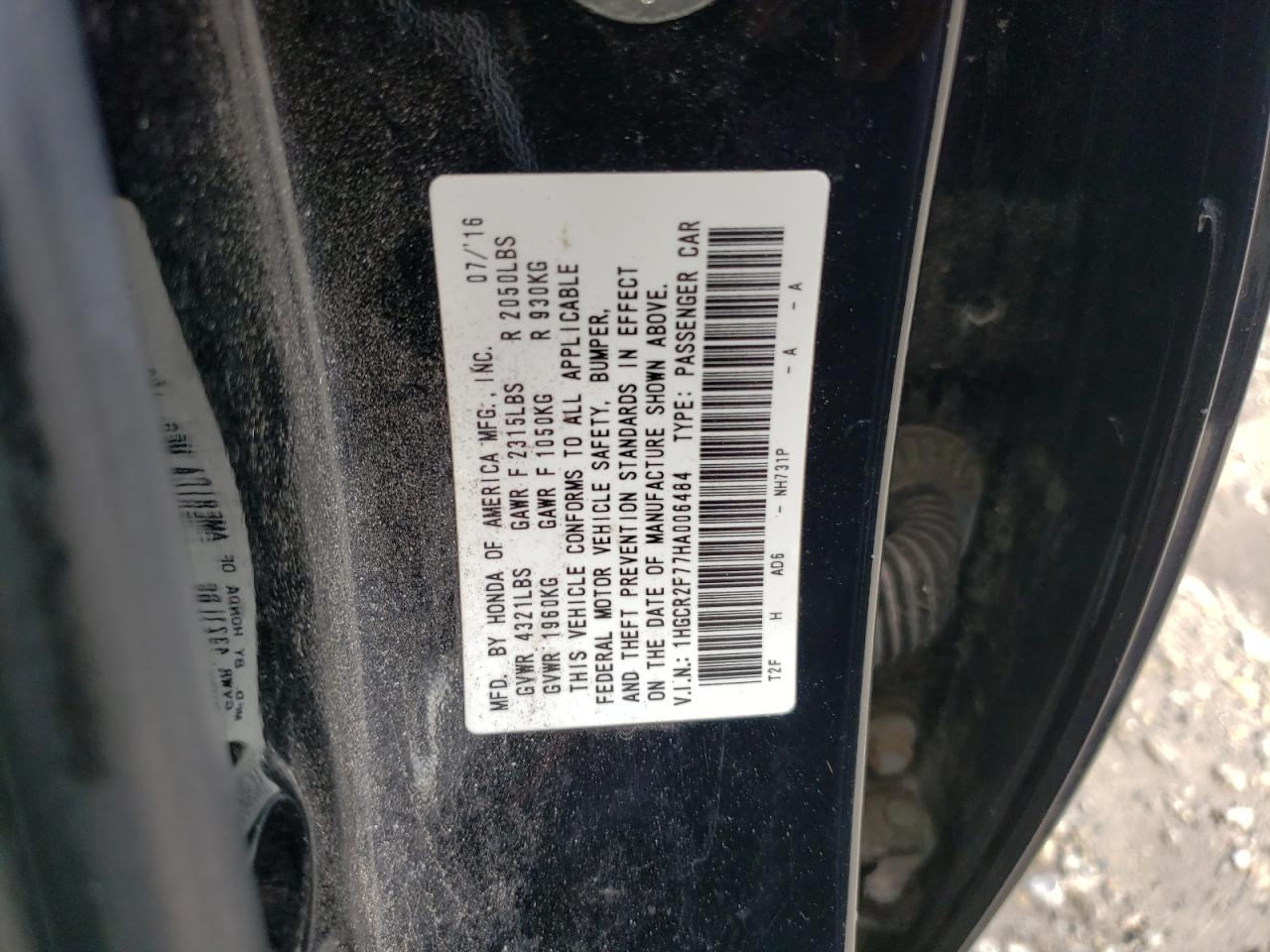 2017 Honda Accord VIN 1HGCR2F77HA006484 Copart auction photo, front end / minor dent/scratches damage thumbnail 13