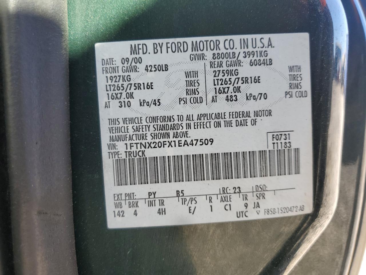 2001 Ford F250 VIN 1FTNX20FX1EA47509 Copart auction photo, rear end damage thumbnail 12