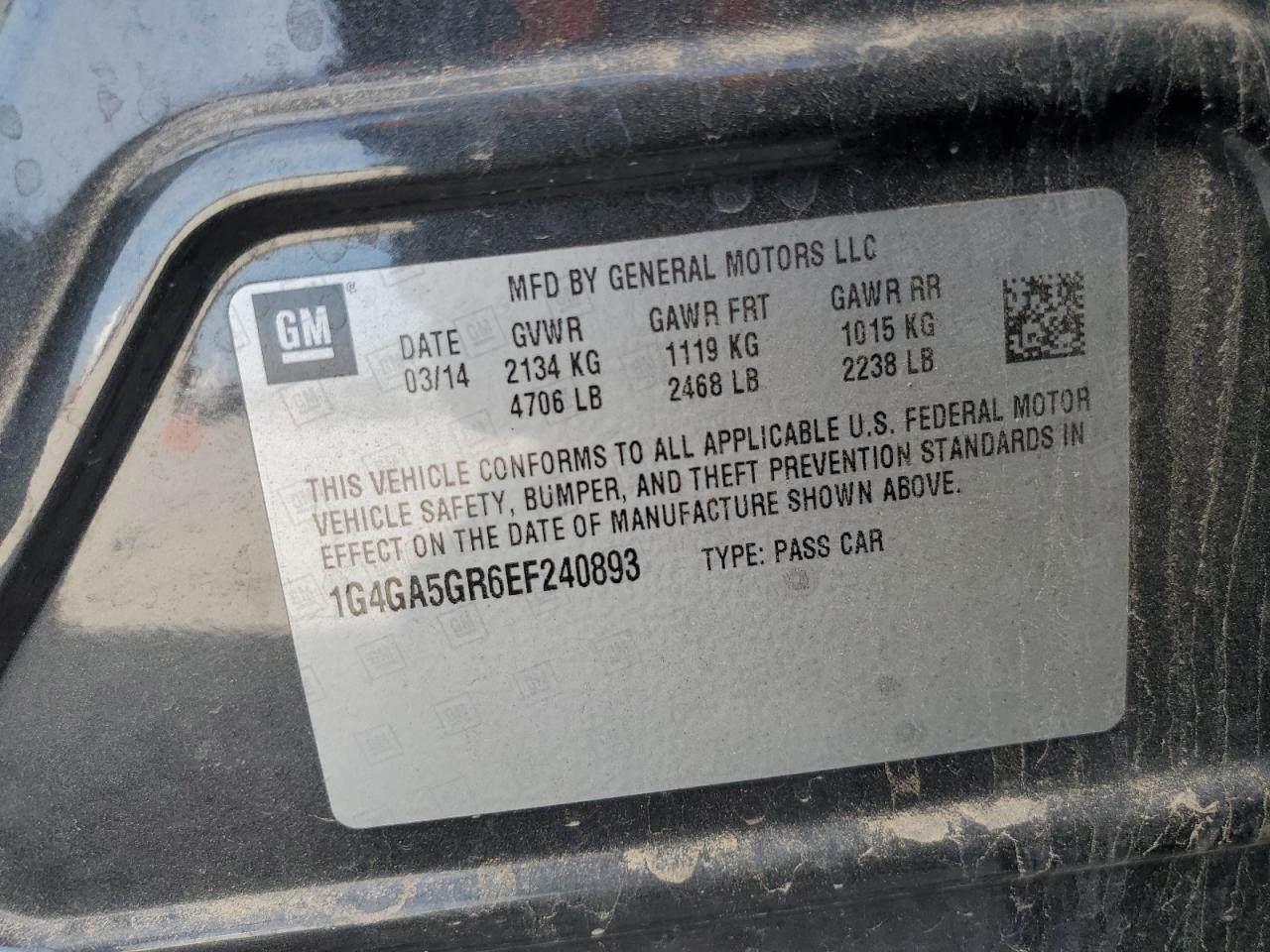 2014 Buick LaCrosse VIN 1G4GA5GR6EF240893 Copart auction photo, rear end damage thumbnail 12