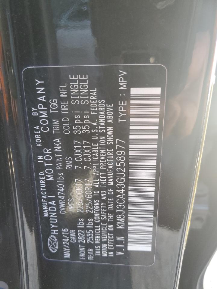 2016 Hyundai Tucson VIN KM8J3CA43GU258977 Copart auction photo, side / front end damage thumbnail 12