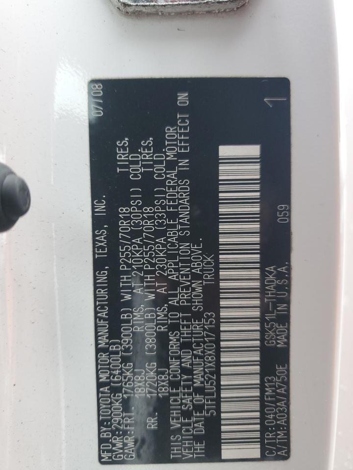 2008 Toyota Tundra VIN 5TFLU521X8X017153 Copart auction photo, side / rear end damage thumbnail 12